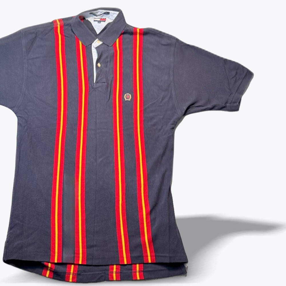 Vintage 90s Tommy Hilfiger Vertical Stripe Polo‎ Shirt Navy Red Yellow Large
